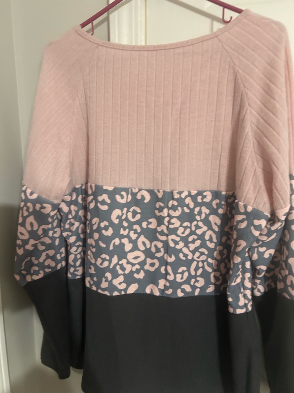 Pink and Gray Colorblock Leopard Print Button Shoulder Top - Picture 2 of 4